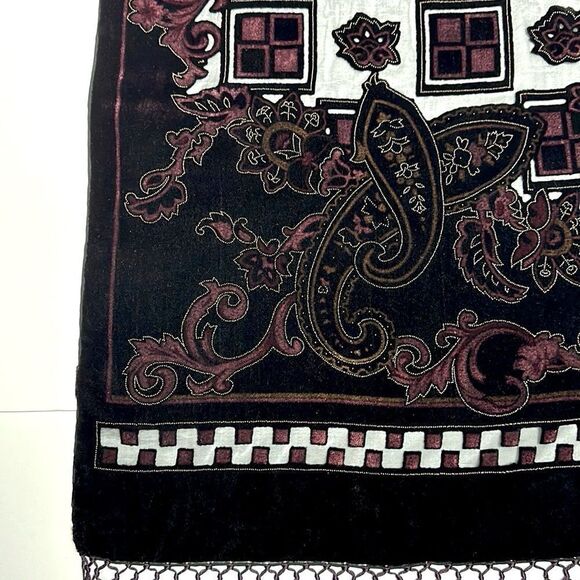 Dark Burgundy Scarf Shawl Burnout Velvet Silk Lined Fringes - Picture 7 of 14